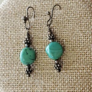 Faux Turquoise Earrings Blue Green Silvertone Drop Dangle Hook  Southwest Boho